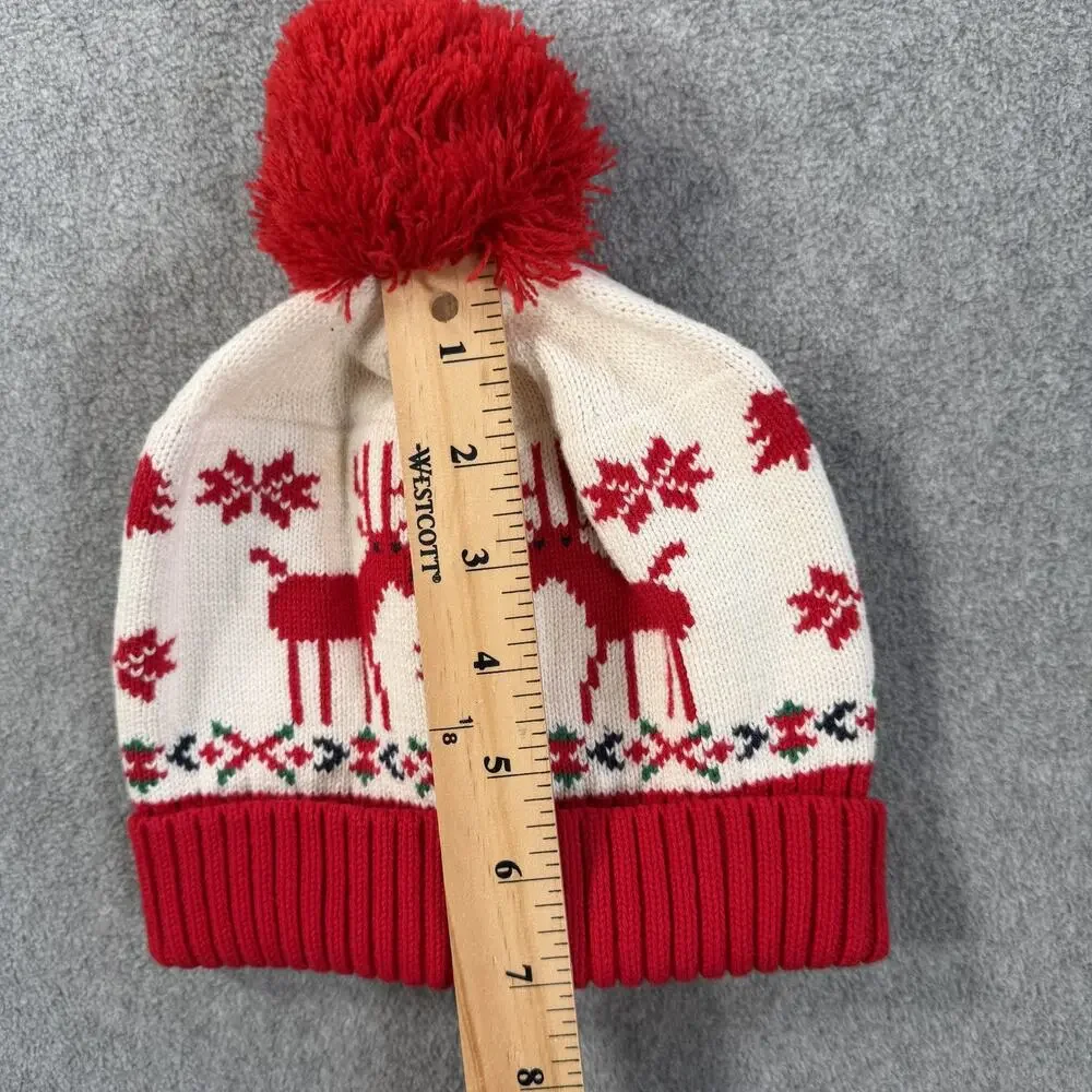 Hanna Andersson Knit Pom Pom Hat Small 1-3 Yrs Reindeer Christmas Fair Isle Red